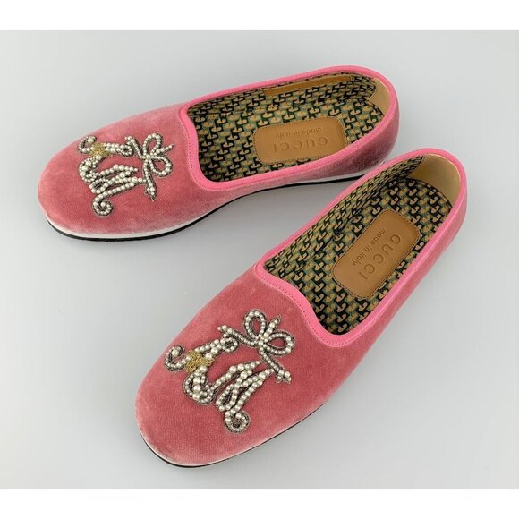 NIB Gucci Pink Velvet Pearl Monogram Slip on Loafers Size 4.5 - Picture 4 of 11